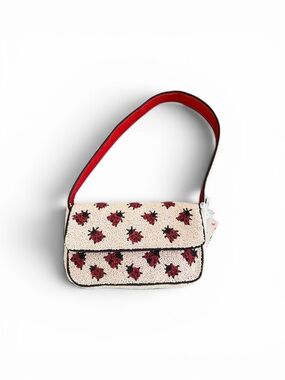 Cream Shoulder Bag with Red Floral Embroidery and Red Strap